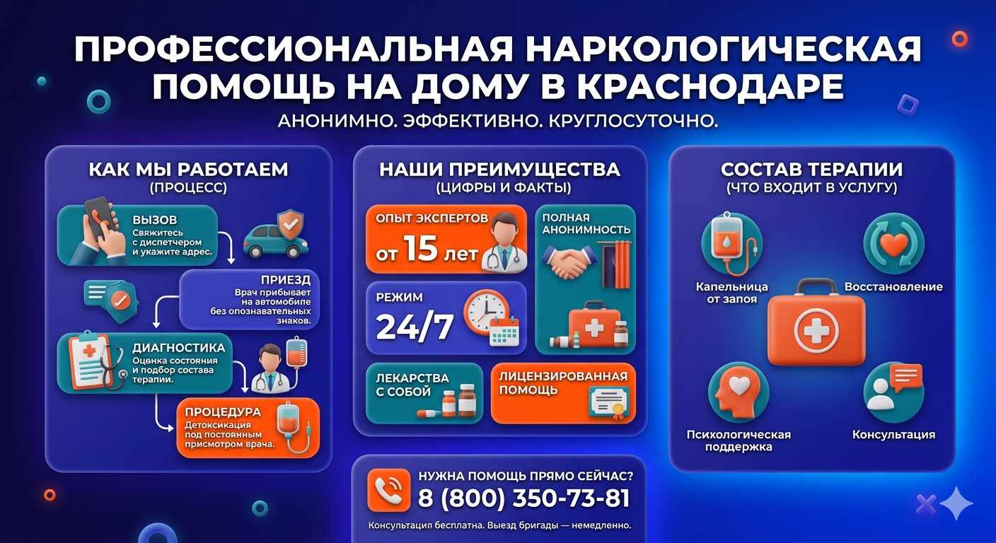 Инфографика о принципах лечения алкоголизма на дому в Куртамыше: этапы вызова нарколога, преимущества анонимной детоксикации и состав медицинской помощи.